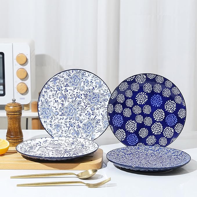 KitchenTour Ceramic Dinner Plates, 8.5 Inch Salad Plates Set of 4, Serving Plates for Dessert, Pasta, Steak, Dishwasher and Microwave Safe