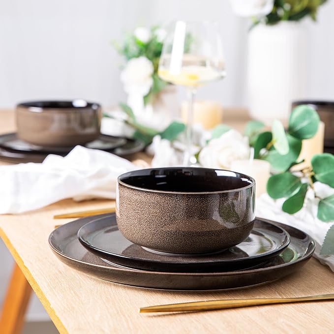 LeRatio Ceramic Dinnerware Sets for 6,Poreclain Plates and Bowls Sets,Handmade Reactive Glaze Dishes Set,Chip Resistant and Scratch Resistant | Oven&Dishwasher & Microwave Safe-Chestnut(18PCS)