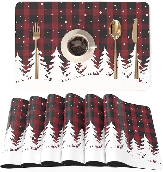 QIYI Christmas Placemats Set of 6, 12x18 Inch PU Leather Place Mats for Kitchen Dinning, Heat Resistant Anti Slip Winter Table Mats, Waterproof Wipeable Placemat Party Table Décor, Red Buffalo Plaid