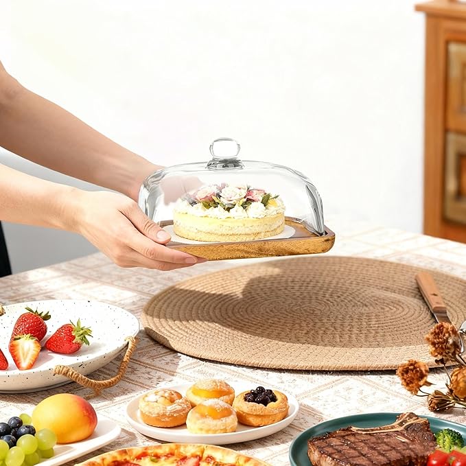 1 Pack Rectangular Wooden Cake Stand with Glass Dome,Small Cake Plate Holder with Clear Glass Bell,Cake Display Server Tray for Kitchen,Birthday Parties,Weddings,Baking Gifts (4.6 x 7in)