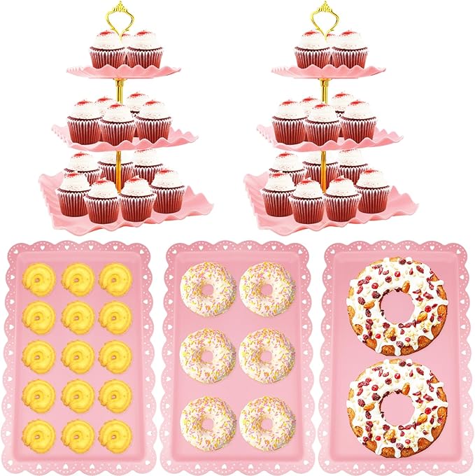 5 Pcs Dessert Table Display Set, Pink Cupcake Stand Set with 2xSquare 3-Tier Cake Stands Holder + 3X Appetizer Trays Suitable for Birthday Wedding Tea Party Baby Shower (Wave Square)