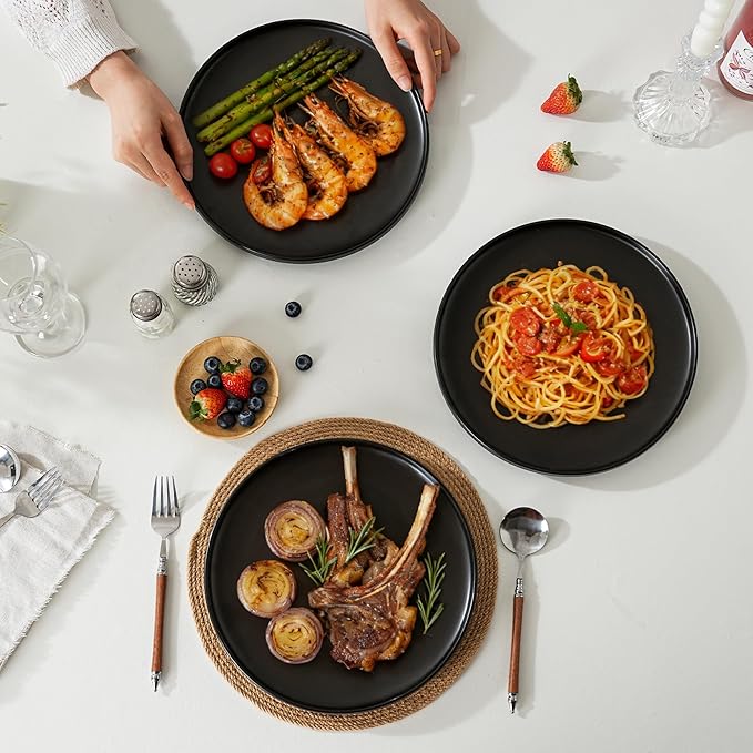 24 Piece Ceramic Dinnerware Set for 8, Modern Minimalist Stoneware Dinner Plates and Bowls, Microwave Safe, Dishwasher Safe, Versatile for All Seasons, Matte Black