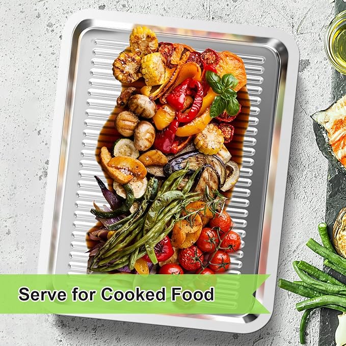 Grilling Prep and Serve Trays, Set of 4 Stackable Stainless Steel BBQ Trays with Cutting Board, Deep Marinating Container, Serving Platter for Plating Food, BBQ Prep Tub for Marinating Meats