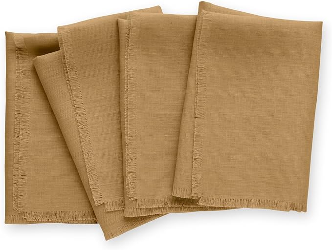 Solino Home Fringe Linen Napkins Set of 4-100% Pure Linen Camel Dinner Napkins 20 x 20 Inch - Handcrafted and Machine Washable