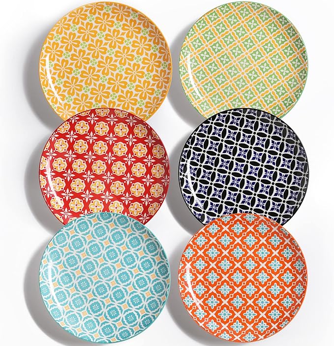 10" Ceramic Dinner Plates, Porcelain Dessert Salad Plate Set, Colorful Serving Dishes for Pasta, Pancakes, Steak, Set of 6, Dishwasher & Microwave Safe