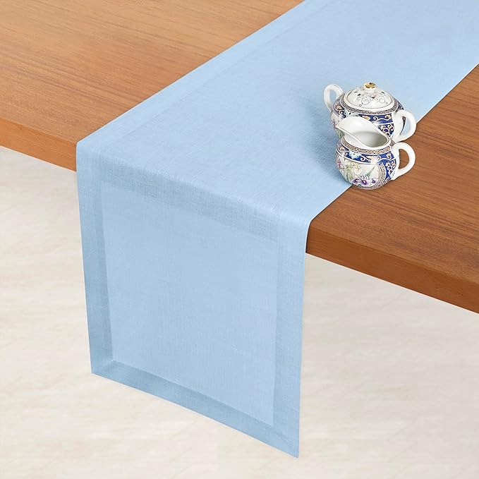 D'Moksha Homes Linen Powder Blue Table Runner 90 Inches Long - 100% Pure Linen 14 x 90 Inch Table Runner for Dining, Winter, Christmas, Holiday, New Year - Machine Washable