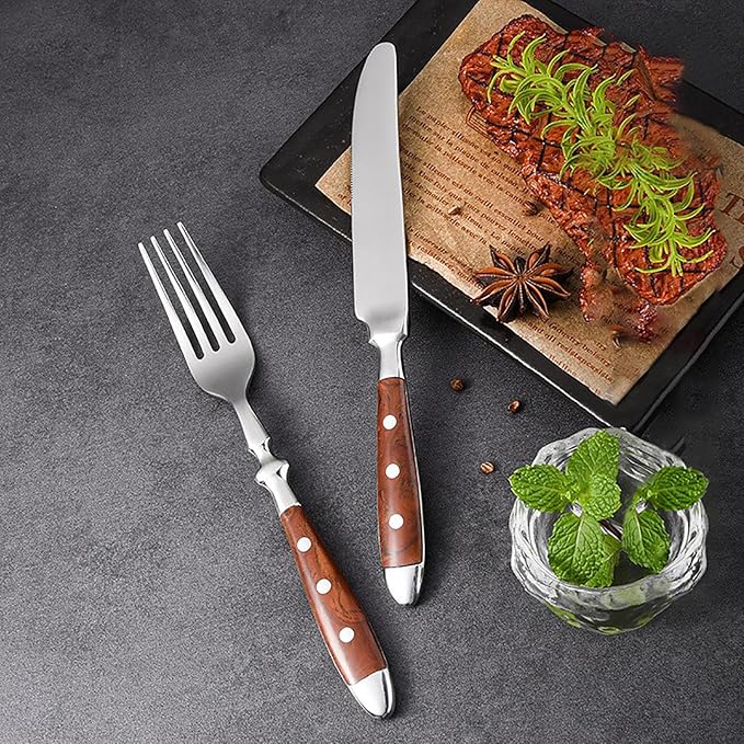 30-piece wooden handle silverware set for 6, premium stainless steel flatware set, retro brown utensils cutlery set, mirror finished forks spoons and knives set, dishwasher Safe