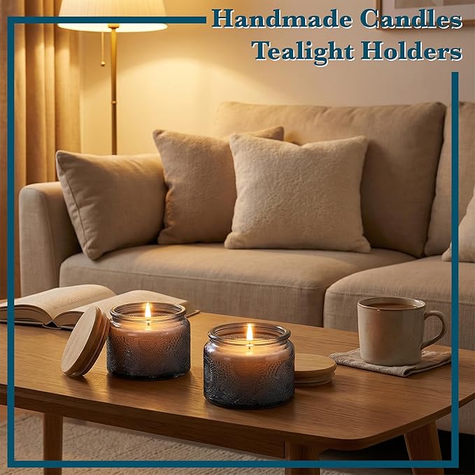 4 oz Grey Mini Glass Jars with Airtight Bamboo Lids 6 pack, Decorative Small Food Storage Canister, Vintage Embossed Home Décor Candle Parties Wedding Baby Shower Favors Gift