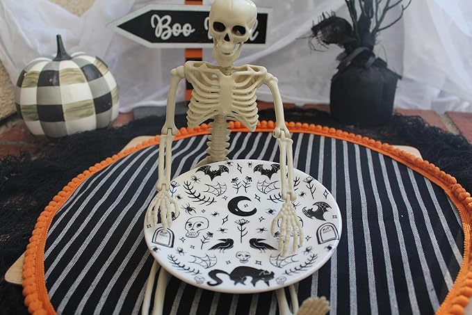 DII Halloween Appetizer Plates, 7 inch Porcelain, Set of 4, Black and White Spooky Design