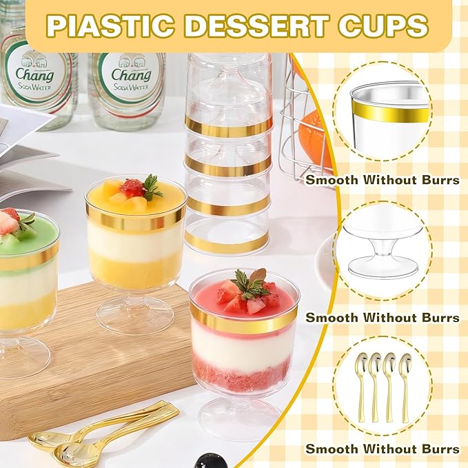 mwellewm 300Packs Dessert Cups with Spoons, 5 OZ Mini Clear Plastic Parfait Cup for Party, Square Desert Shot Glasse Round Goblet with Gold Rim Small Reusable Fruit Ice Cream Pudding Appetizer Cup