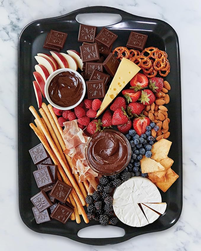 17.5 x 12’’ Large Melamine Serving Tray with Handles, Set of 2 Rectangular Melamine Serving Platters, Dishwasher Safe Trays for Eating, Appetizer, Charcuterie, Snack, Fruits, Desserts, Black