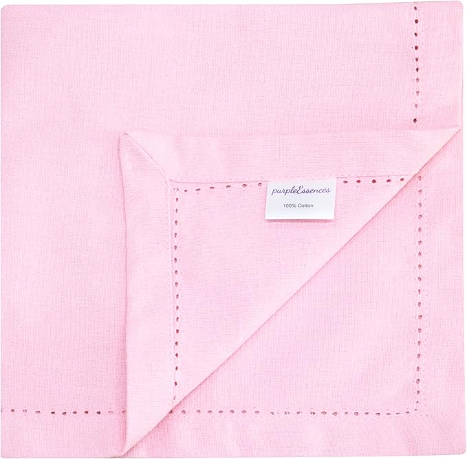 PurpleEssences Set of 12 Hemstitch Cloth Dinner Napkins 100% Cotton - Soft Durable Washable - Ideal for Wedding Spring Easter Summer - Perfect Everyday Use Table Linen 18x18 - Blush Pink