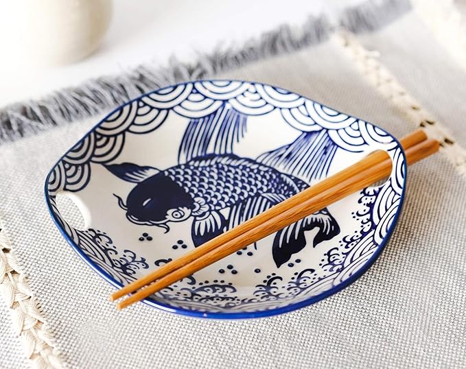Ebros Blue And White Koi Fish Feng Shui Appetizer Snack Serving Coupe Plate Dish With Chopsticks And Built In Rest Set Small Flat Bowl For Hors D'oeuvres Sushi Ice Cream Serveware Plates (2)