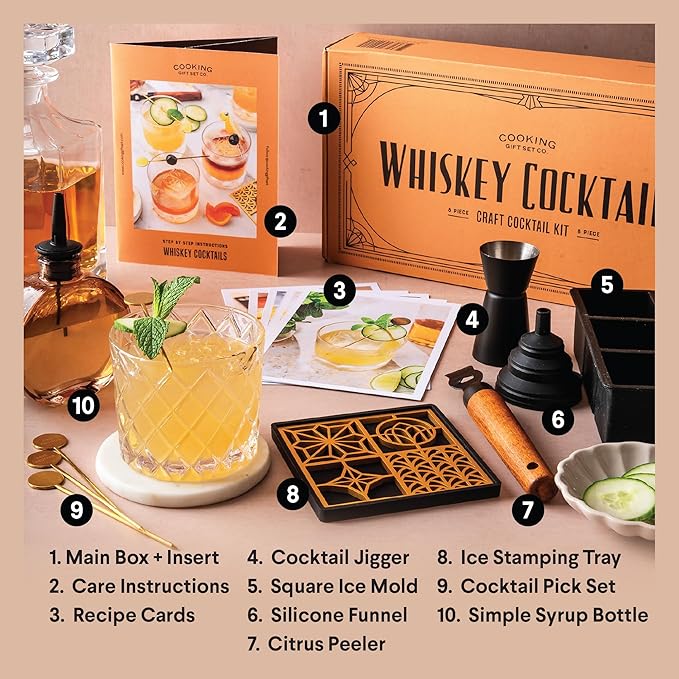 Whiskey Cocktail Kit | Cool Bar Accessories Including Engraving Ice Cube and Mold to Make Unique Gifts for Dad and Mixologist Using Old Fashioned Mixology Tool Set