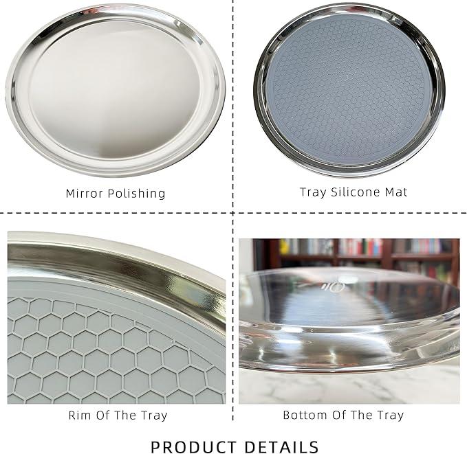Stainless Steel Round Serving Tray 13.3 Inches Bar Silver Tray 2 Packs