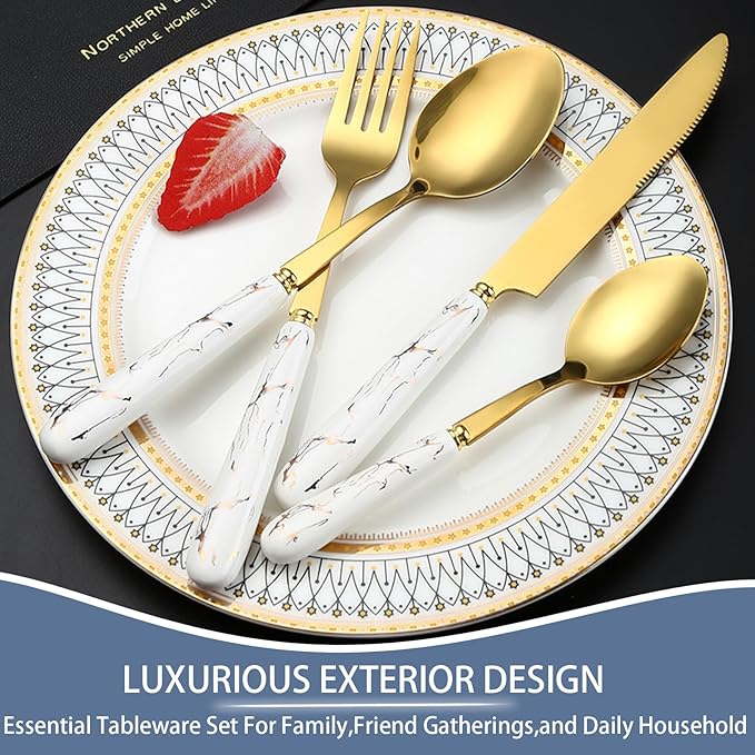 24 Pieces Flatware Set, Stainless Steel Cutlery Set with Silverware Holder, Modern Gold Silverware Set Includes Dinner Knives Forks Spoons,Hanging Silverware Set Service for 6 (White Gold)