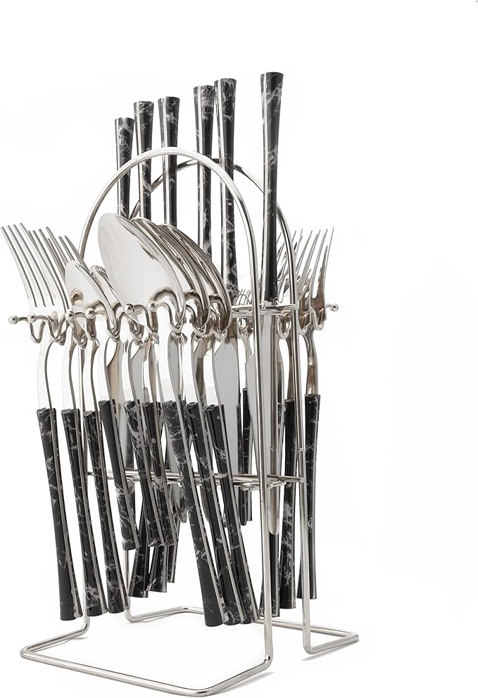 Stainless Steel Silverware Set with Holder - 25 PCS Silver Flatware Cutlery Set - Black Marble Texture Handle Design - Hanging Metal Eating Utensils Set Service for 6 - Party Tableware Set