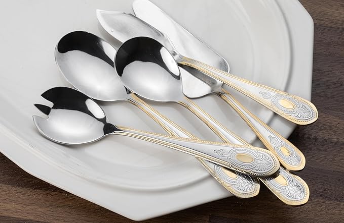 5 Piece Hostess Set - Serving Utensil Set - 18/10 Stainless Steel Silverware - Luxurious Handle with Gold Detailing - Elegant Silver and Gold Flatware Hostess Serveware (5, Lucca)