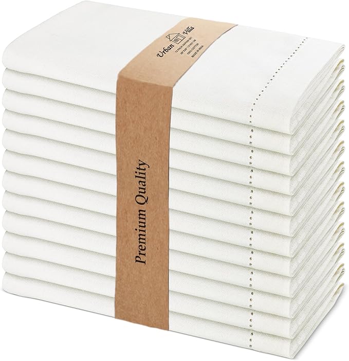 Urban Villa Cloth Napkins Ivory Hemstitch Dinner Napkins Set of 12 (20X20) 100% Cotton Absorbent Washable Durable Reusable Ideal for Hotel Collection Christmas Parties Restaurant Lunch Dinner Napkins