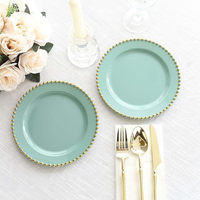 8" Salad Plates - Set of 20 - Plastic Dusty Sage Green/Gold Round Disposable Dessert Appetizer Plate Beaded Rim, Ideal for Dinner Party Wedding Bulk Events