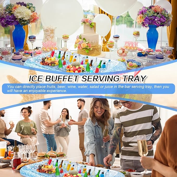Leitee 3 Pcs Inflatable Serving Bar 52 x 24 x 5'' Ice Buffet Serving Tray Drink Cooler with Drain Plug Inflatable Pool Bar for Party Food Drink Holders with a Hand Pump(Glitter Blue)