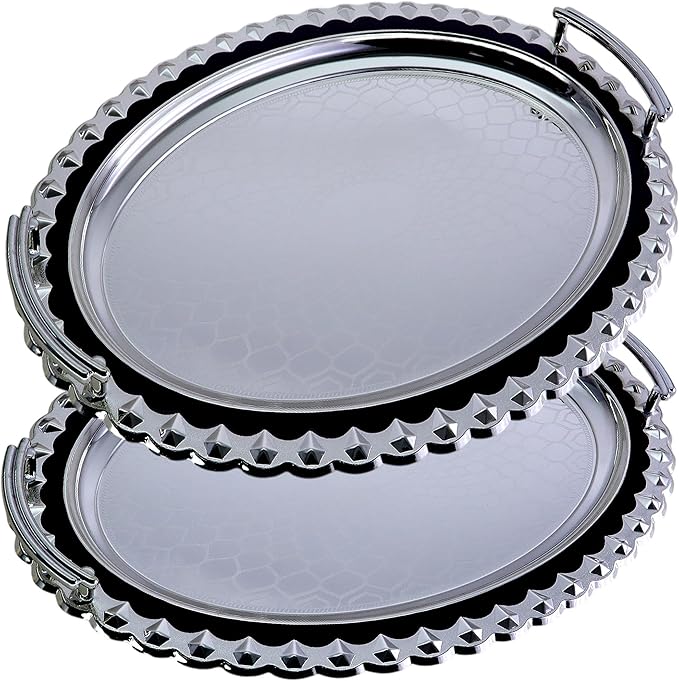 (Pack of 2) 17.8 inch x 13 inch Oval Chrome Plated Silver Serving Tray Stylish Design Floral Engraved Blue Edge Party Decorative Birthday Gift Dessert Platter Plate NC-105