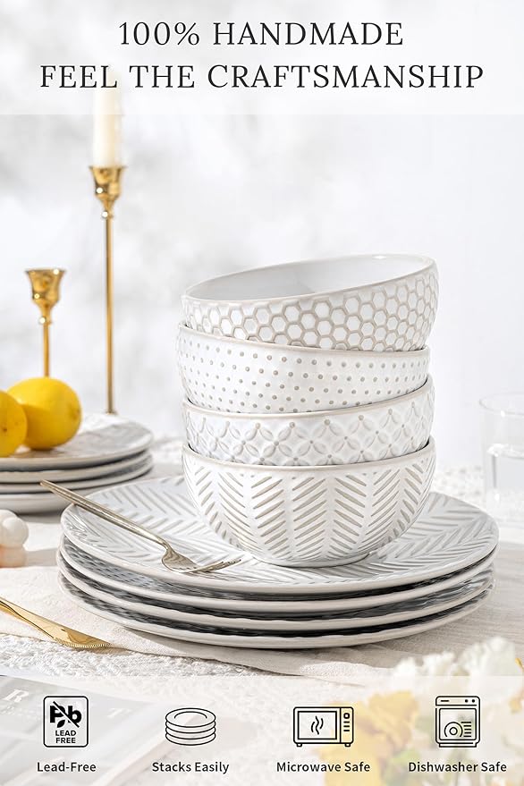 12-Piece Embossed Dinnerware Set–4 Dinner Plates,4 Salad Plates,4 Pasta Bowls,Ceramic, Dishwasher & Microwave Safe,Elegant Rustic Tableware for Family Use
