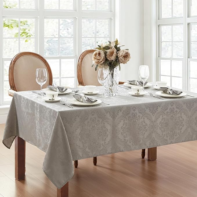 Elrene Home Fashions Caiden Elegance Damask Waterproof, Stain & Wrinkle Resistant Fabric Tablecloth, 60" x 120" Oblong/Rectangle, Silver