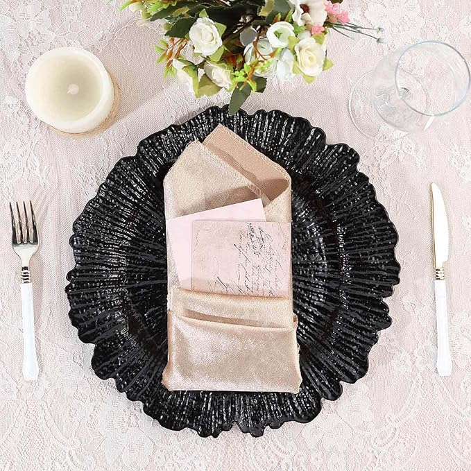 13" Charger Plates - Set of 12 - Acrylic Black Round Reef Disposable Chargers, Ideal for Dinner Party Wedding Holiday Bulk Events
