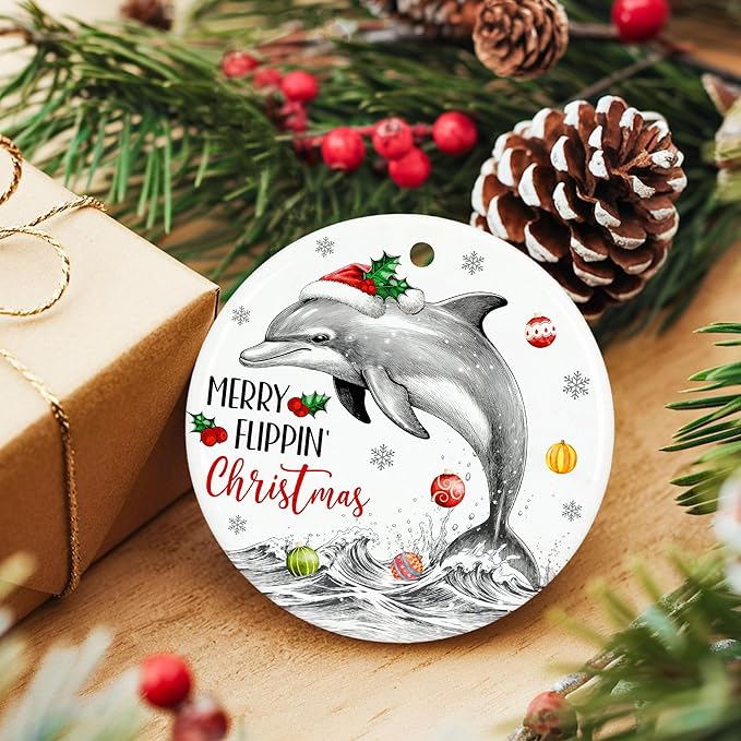 ZAGKOO Dolphin Ornaments for Christmas Tree - Dolphin Themed Gifts for Men, Women - Animal Gift Ideas for Dolphins Lovers, Beach Lovers - Ceramic Xmas Ornaments Tree Decorations