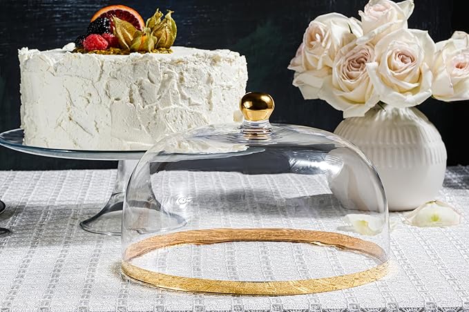 Barski Glass - Cake Stand - and - Dome - with - Gold Rim - and - Gold Knob - for - Cake - Fruit - Cheese - 11.75" Diameter - Made in Europe