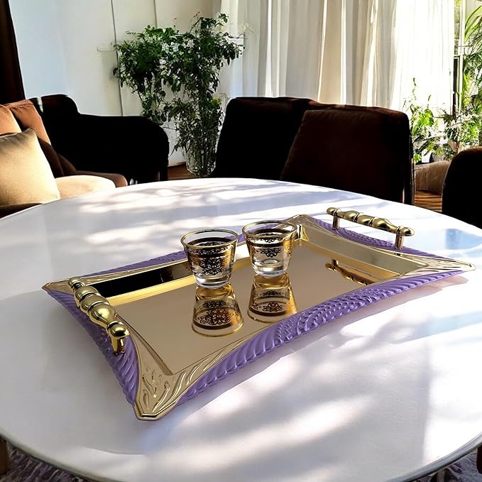 (Pack of 2) 14.2 Inch x 10.4 Inch Rectangular Star Shape Iron Gold Gray Purple Plated Serving Tray with Handles Purple Edge Floral Engraved Decorative Birthday Platter Plate CC-399