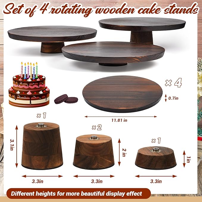 Jinei 4 Sets Wood Cake Stand Rustic 12 Inch Rotating Cake Stand Food Round Risers Turntable for Party Cake Base Wood for Display Parties Weddings Restaurants Decorating Supplies