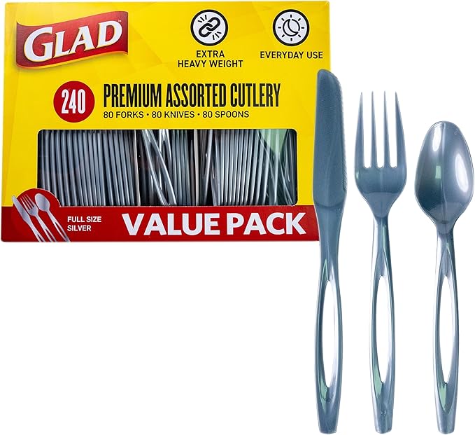Glad Plastic Heavy Duty Silver Cutlery - Mixed Forks, Knives, and Spoons - Set of Sturdy, Durable Disposable Party Utensils, 240 Count