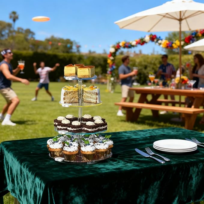4-Tier Rotating Cupcake Stand with LED Lights - 360° Spinning Display Tower for Desserts, Cakes & Pastries - Rechargeable 7-Color Changing Serving Tray for Weddings, Parties & Festive Gatherings (Round Clear Acrylic)