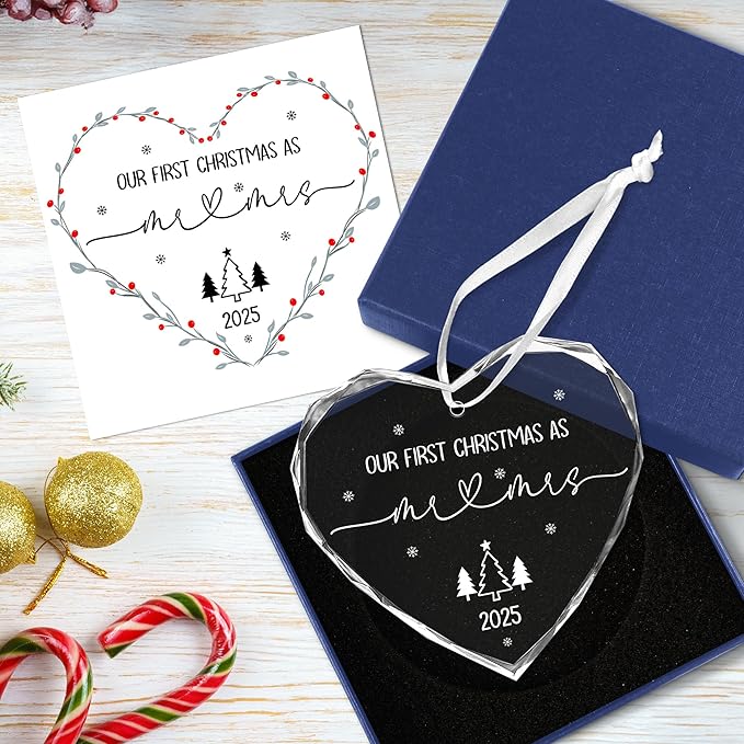 Christmas Wedding Gifts for Couples 2025 - Mr and Mrs - Bridal Shower Gifts for Newlywed Bride - Glass Christmas Birthday Ornaments 2025 with Card, First Christmas Married Ornament