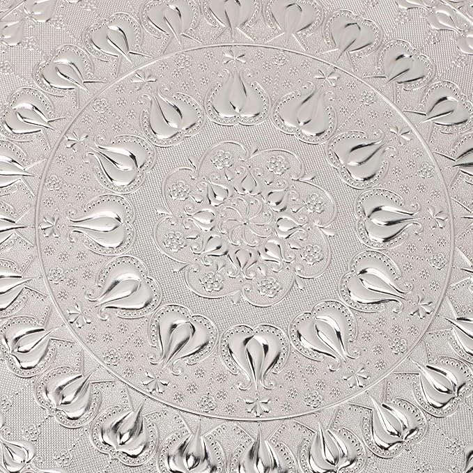 Turkish Tea Coffee Serving Tray, Vintage Style Round Metal Plate 13.8 Inch, Silver Embossed Pattern - Multi Purpose, Durable Metal Material, Ideal for Outdoor and Decorative Use (Silver)