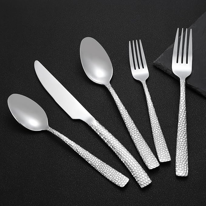 30-Piece Silver Silverware Set, Heavy Duty Hammered 18/10 Stainless Steel Flatware Set for 6, Food-Grade Cutlery Set, Tableware Set Including Fork Knife Spoon Set,Dishwasher Safe
