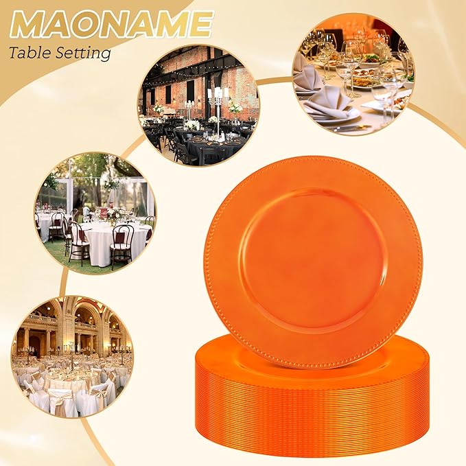 50 Pcs Orange Charger Plates Round Charger Plates13 Inch Bulk Wedding Dinner Elegant Reusable Plastic Chargers Plates Wedding Holiday Party Baby Shower Event Decoration (Orange)