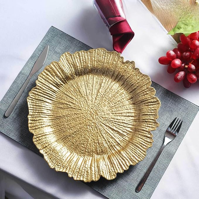 13" Charger Plates - Set of 24 - Acrylic Gold Round Reef Disposable Chargers, Ideal for Dinner Party Wedding Holiday Bulk Events