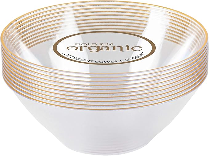 [6 OZ 20 Count] Clear Plastic Organic Party Dessert bowls ice cream bowl With Gold Rim Premium heavyweight Elegant Disposable Tableware Dishes