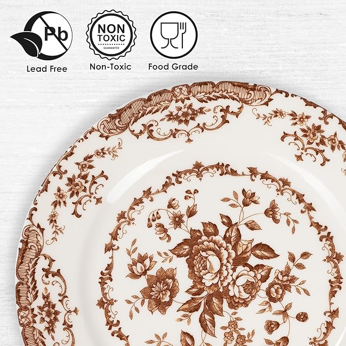 Salad Plates, 8.5 Inch Ceramic Plates Set of 6, Kitchen Plates Microwave Safe Plate, White Porcelain Dessert Porcelain Serving Dishes, Brown