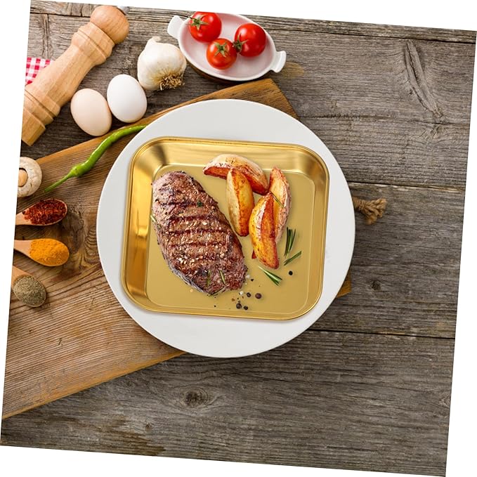Ciieeo 2pcs Stainless Steel Food Trays Baking Small Square Metal Dinner Plates Gold Serving Tray for Appetizer Cookie