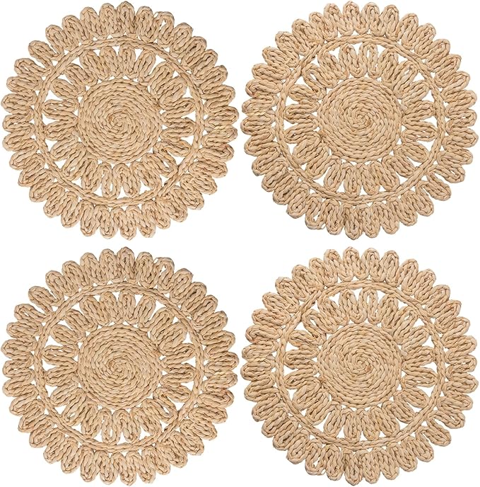 13.8" Round Corn Husk Placemats | Boho Woven Rattan Table Mats | Natural Spring Farmhouse Plate Chargers | Handmade Rustic Wicker Place Mats for Christmas Wedding (Set of 4)