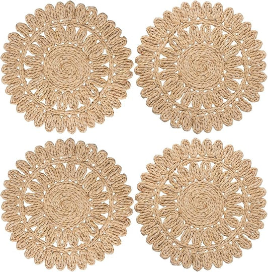 13.8" Round Corn Husk Placemats | Boho Woven Rattan Table Mats | Natural Spring Farmhouse Plate Chargers | Handmade Rustic Wicker Place Mats for Christmas Wedding (Set of 4)