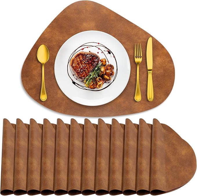 ADRIMER Placemats, Heat Resistant Round Placemats Set of 12 Washable 13 x 17 Inch, Waterproof Table Mats Wipeable for Kitchen, Dining Room Table Christmas Decor, Turmeric Brown