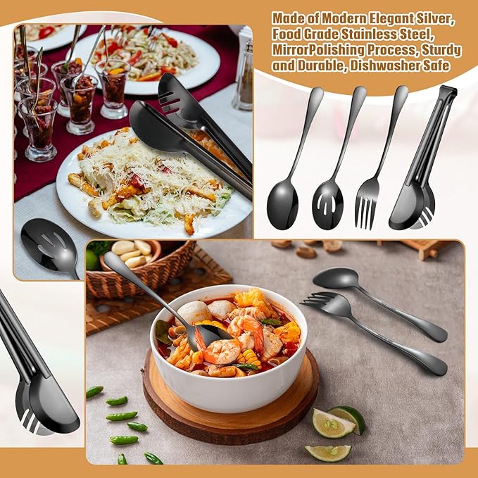 Patelai 15 Pcs Black Stainless Steel Serving Utensils Set 8.7" Large Spoons and Slotted Spoon 9.45" Tong 9" Forks Flatware Wedding Valentine's Day Holiday Party Buffet Banquet Cooking Kitchen Catering