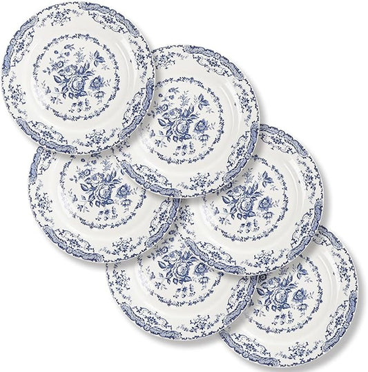 Salad Plates, Ceramic Plates Set of 6, Kitchen Plates Microwave Safe, 8.5 Inch White Plate Dessert Blue Floral