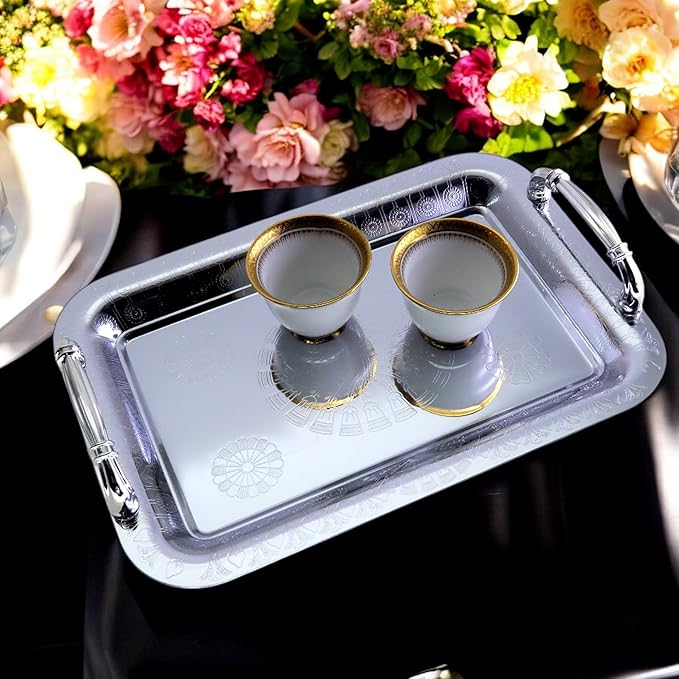 11.4 inch x 7.9 inch Oblong Chrome Plated Serving Tray with Handles Stylish Design Floral Engraved Rainbow Edge Decorative Party Wedding Dessert Buffet Wine Platter Plate FST-071