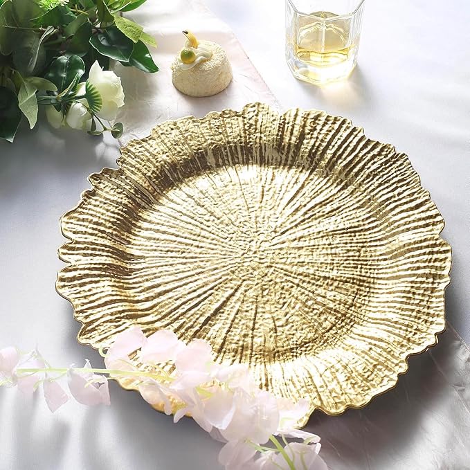 13" Charger Plates - Set of 24 - Acrylic Gold Round Reef Disposable Chargers, Ideal for Dinner Party Wedding Holiday Bulk Events